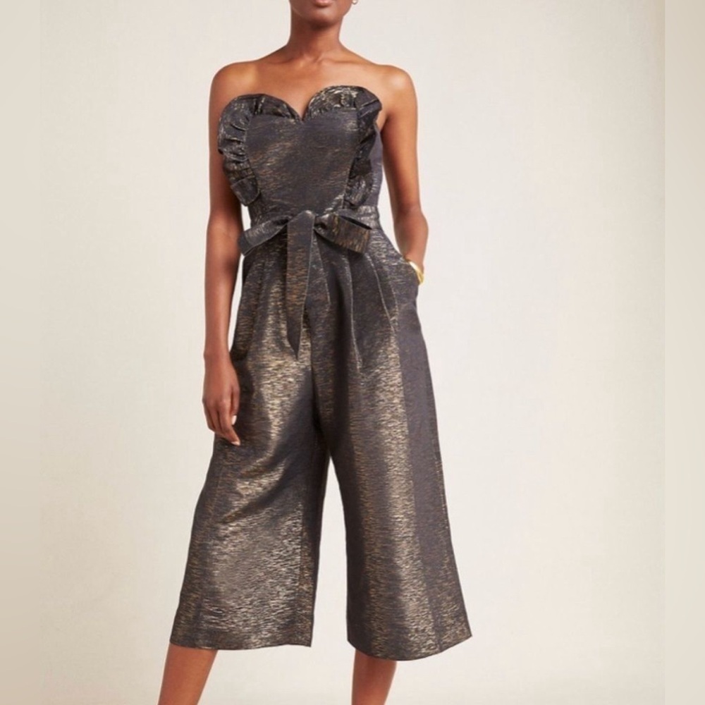 Anthropologie Corey Lynn Calter Sweetheart Black + Gold Wide-Leg Jumpsuit